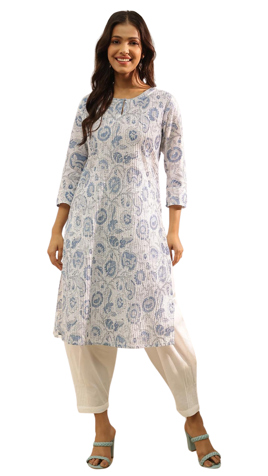Kurta larga plisada y estampada. Azul fondo blanco. slim fit