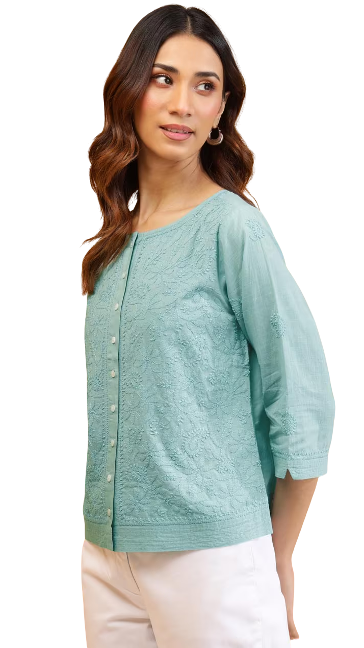 Blusa bordado chikankari. Menta PREVENTA