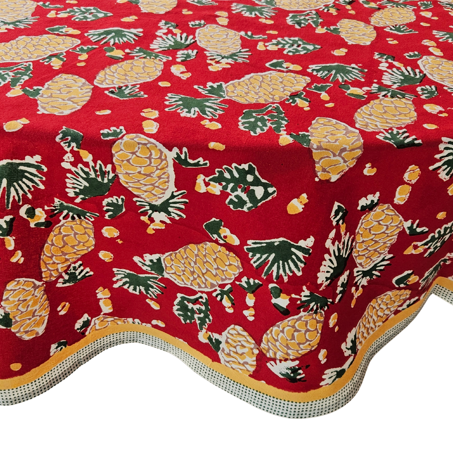 Mantel redondo 100% algodón estampado a mano. Piñas en rojo