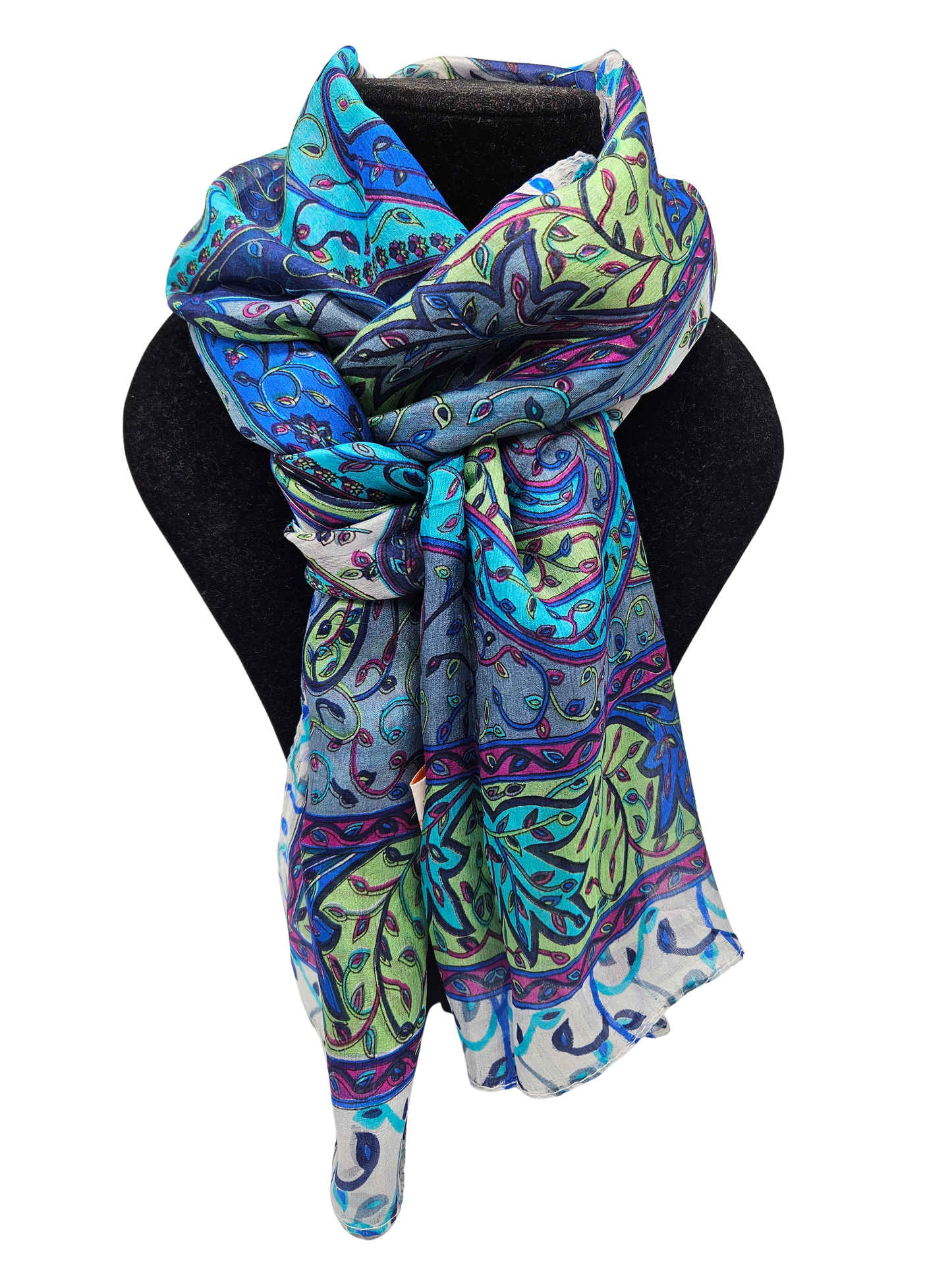 Mascada de seda estampada. Turquesa y gris