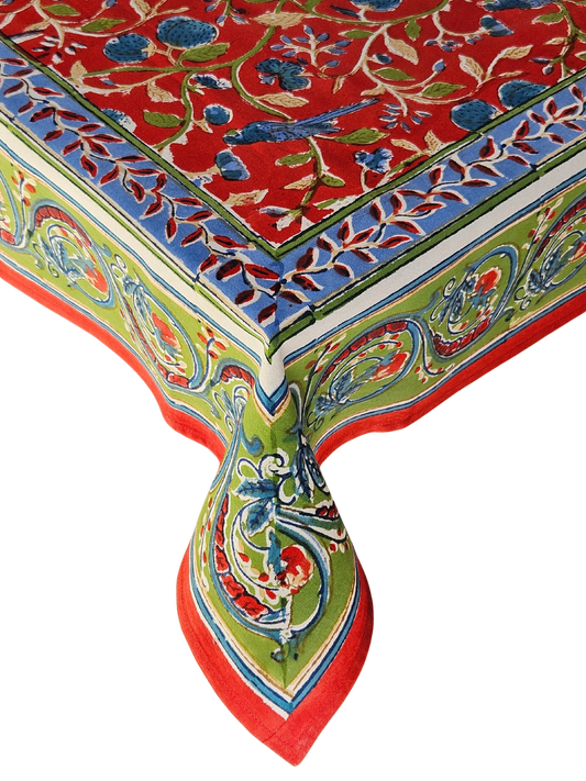 Mantel cuadrado 100% algodón estampado a mano. Pájaros