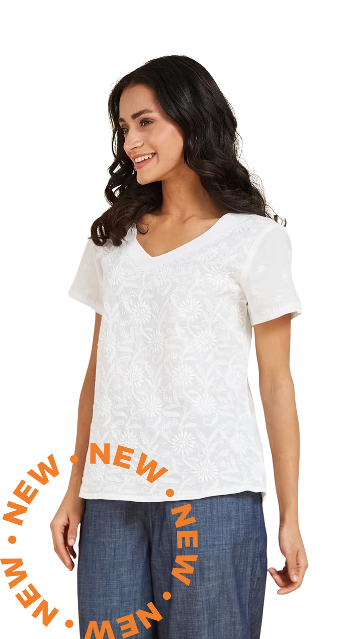Blusa con bordado chikankari. Básica. Blanca PREVENTA
