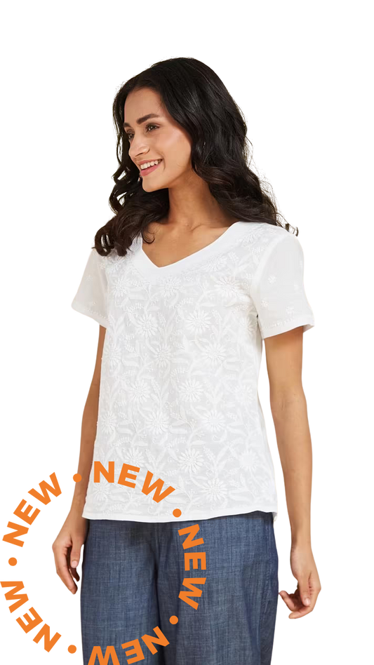 Blusa con bordado chikankari. Básica. Blanca PREVENTA