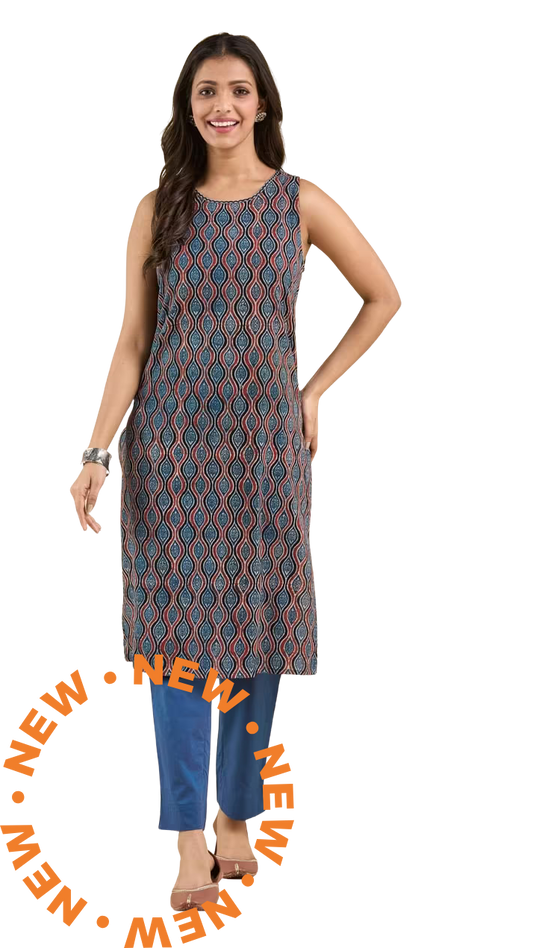 Kurta larga sin mangas Ajrakh. Índigo. Slim Fit PREVENTA