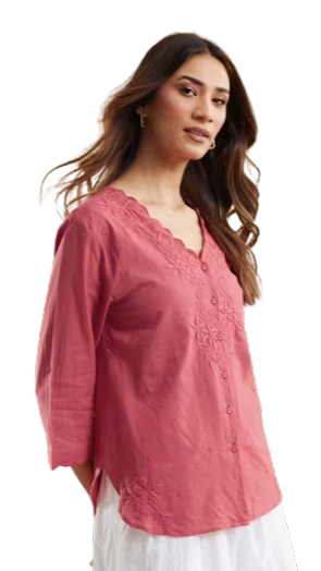 Blusa Bordada Chikankari. Coral. Nueva