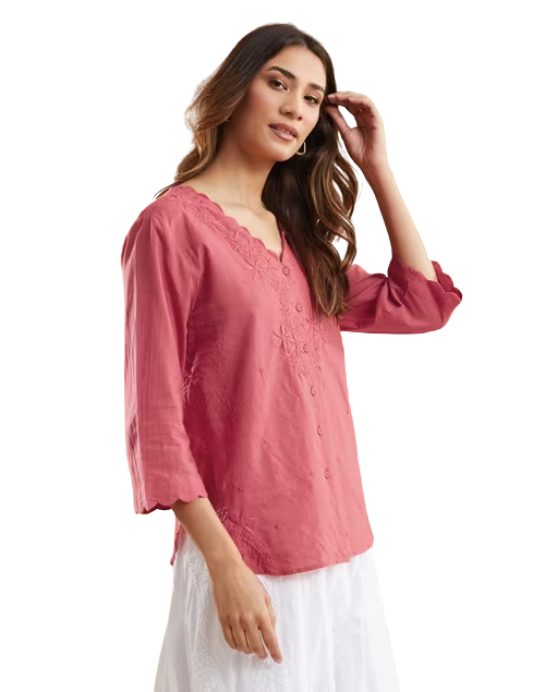 Blusa Bordada Chikankari. Coral. Nueva