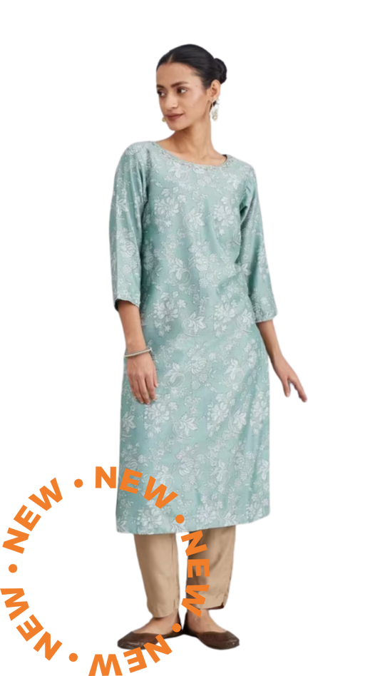 Kurta larga de seda y algodón estampada. Turquesa PREVENTA