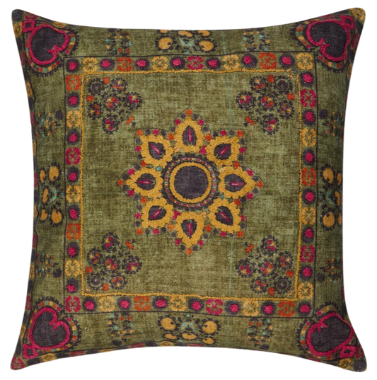 Funda de cojín estampada y bordada. Ekta verde 50x50