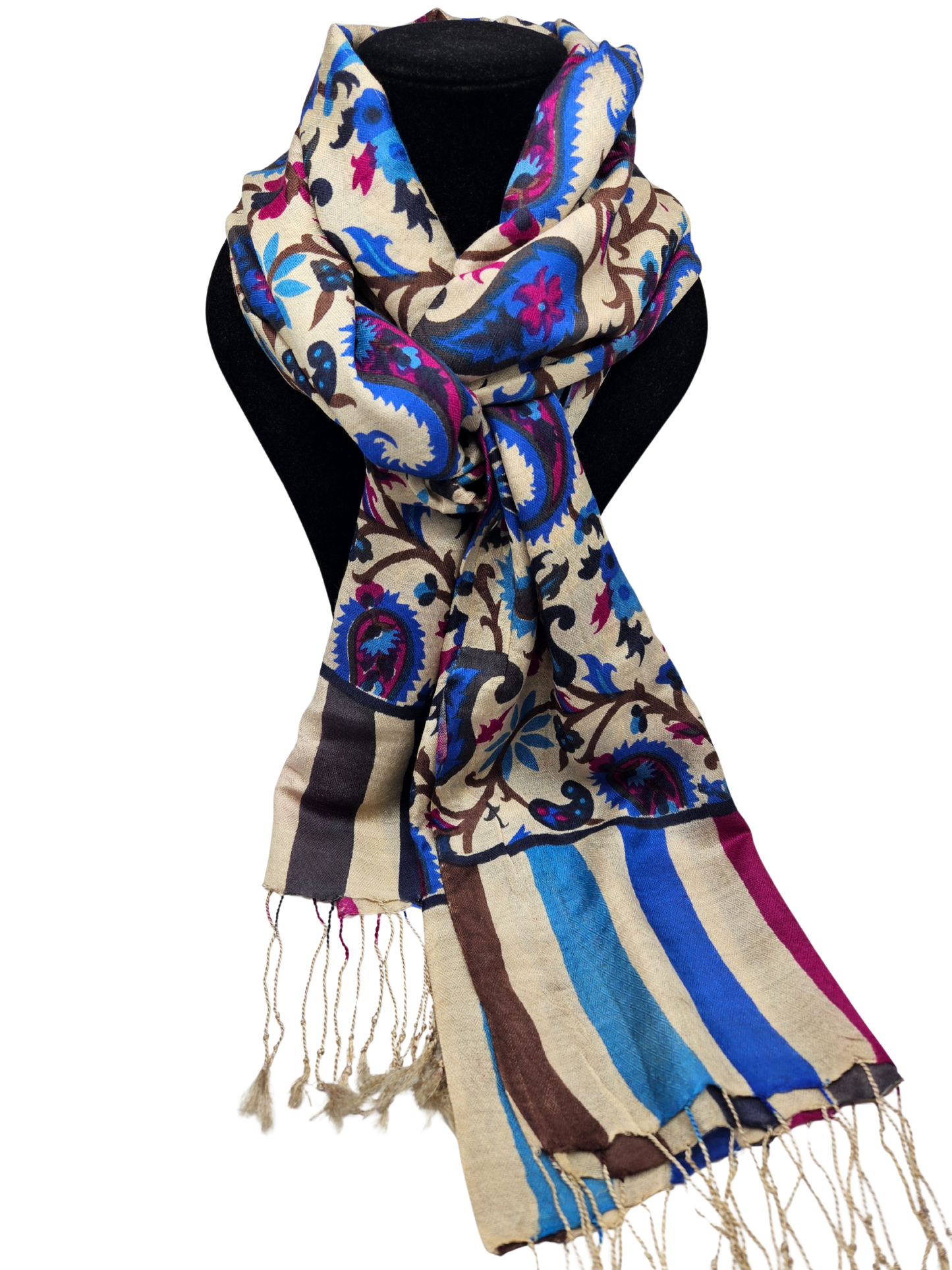 Mascada de algodón estampada. Beige con azul