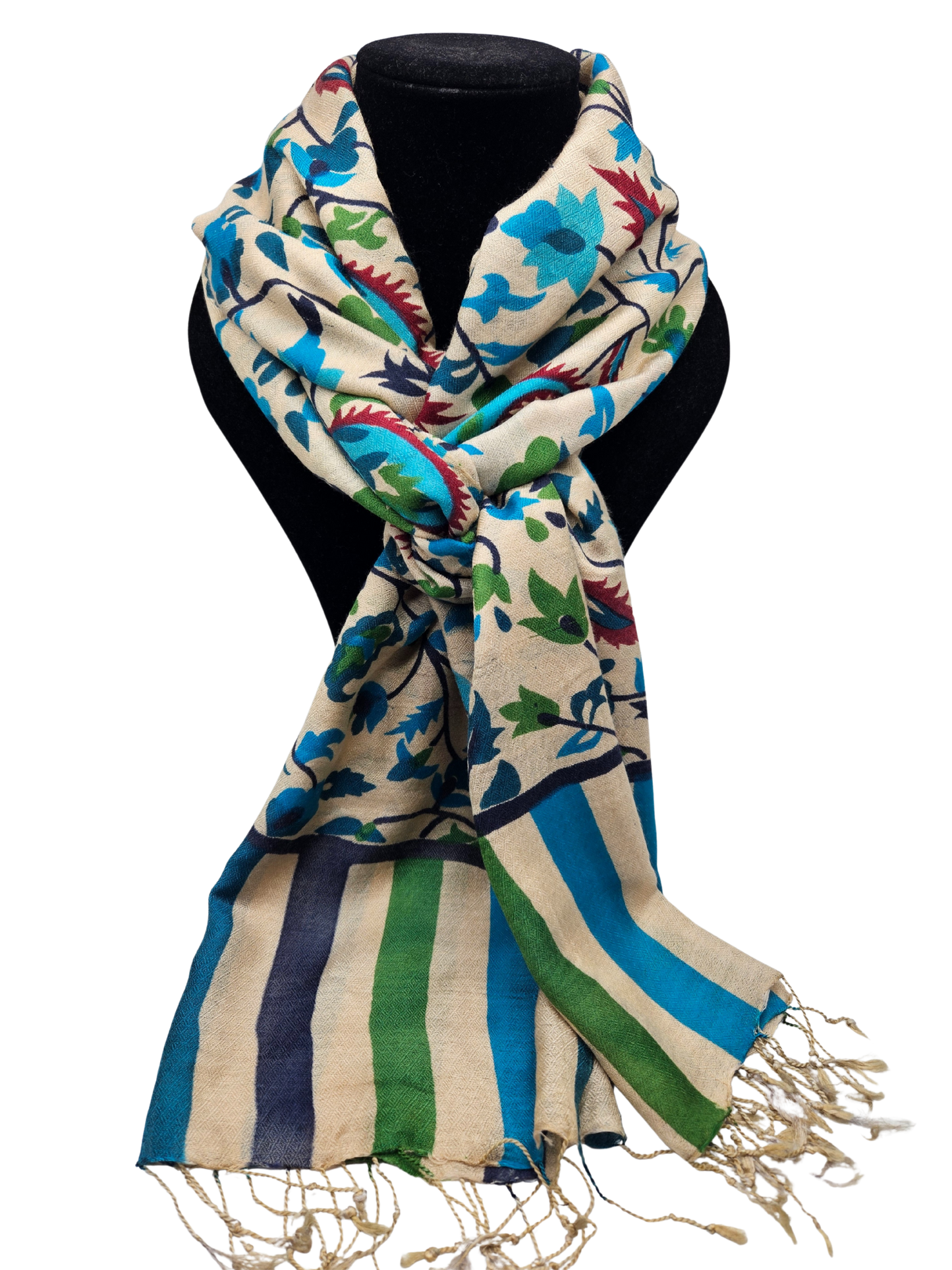 Mascada de algodón estampada. Beige con azul claro