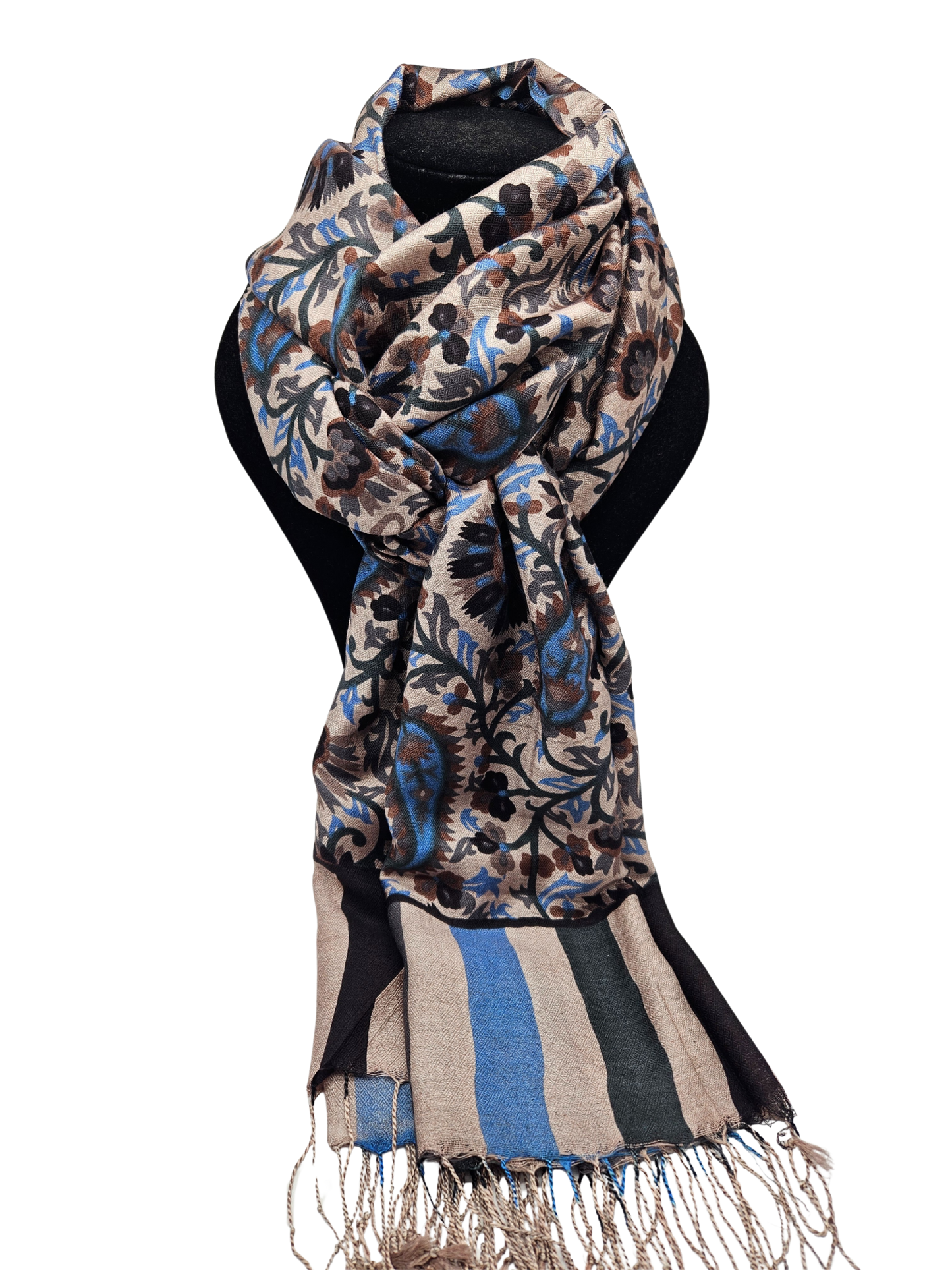 Mascada de algodón estampada. Beige y negro