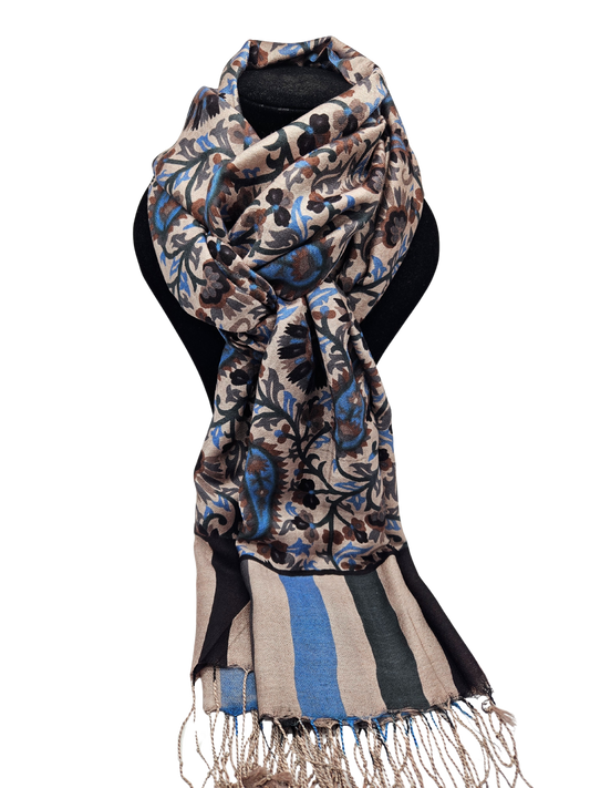 Mascada de algodón estampada. Beige y negro