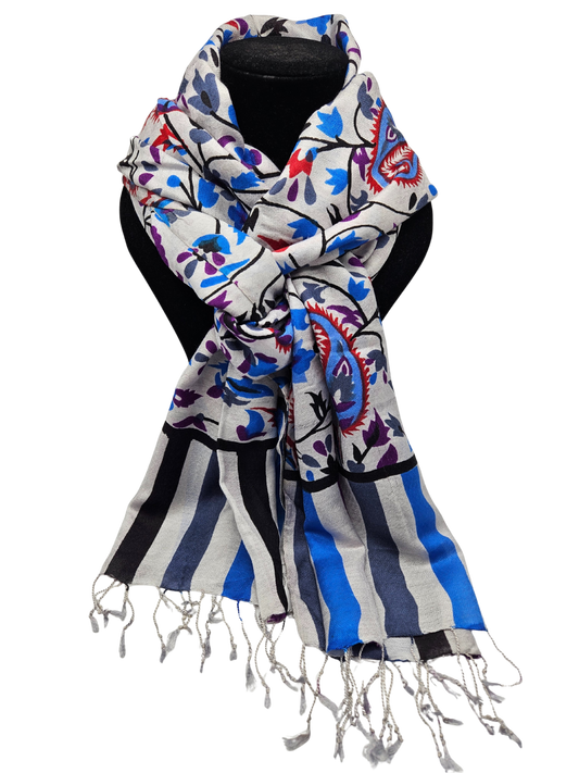 Mascada de algodón estampada. Blanco con azul