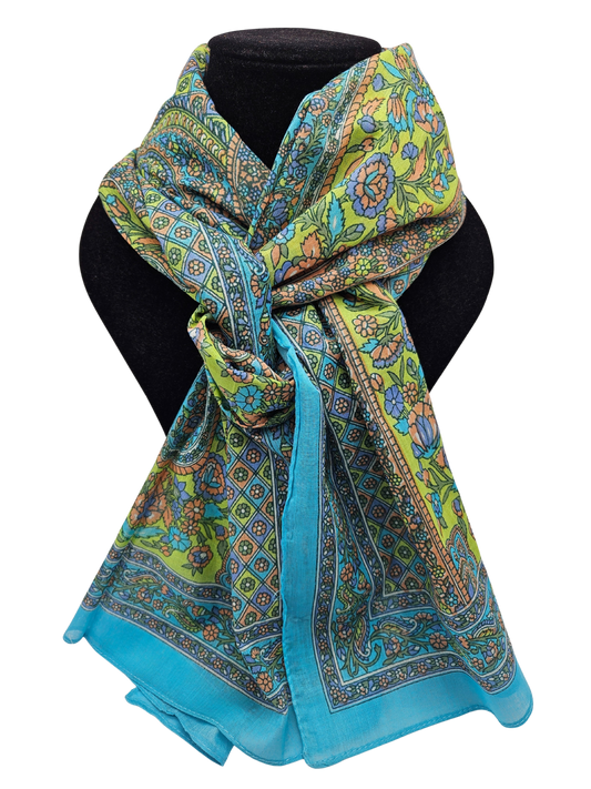 Mascada de algodón estampada. Azul claro y limón