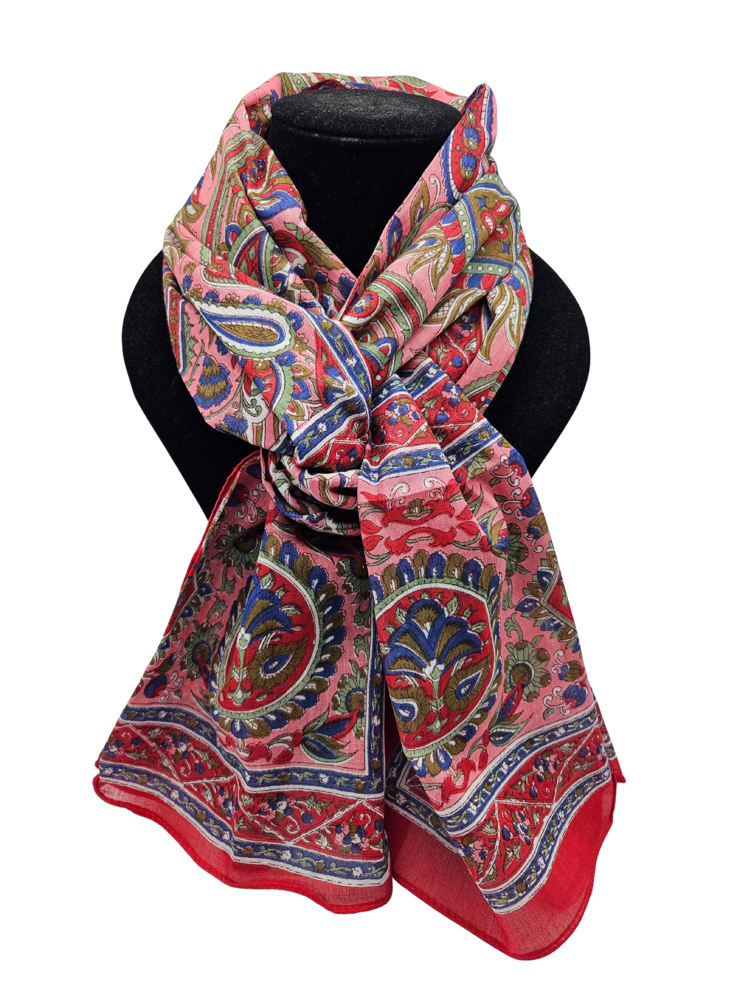 Mascada de algodón estampada. Rosa y rojo