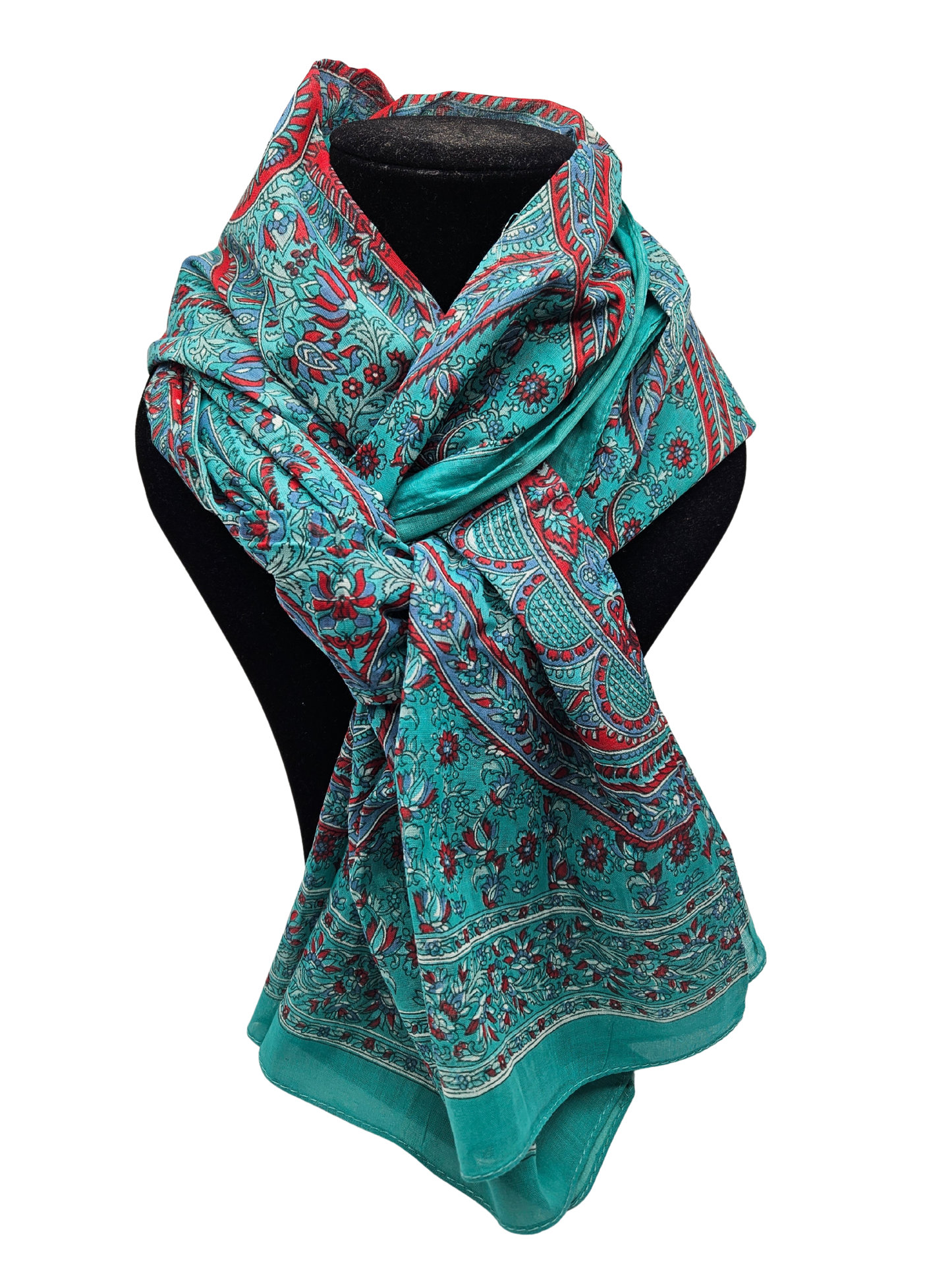 Mascada de algodón estampada. Turquesa con rojo