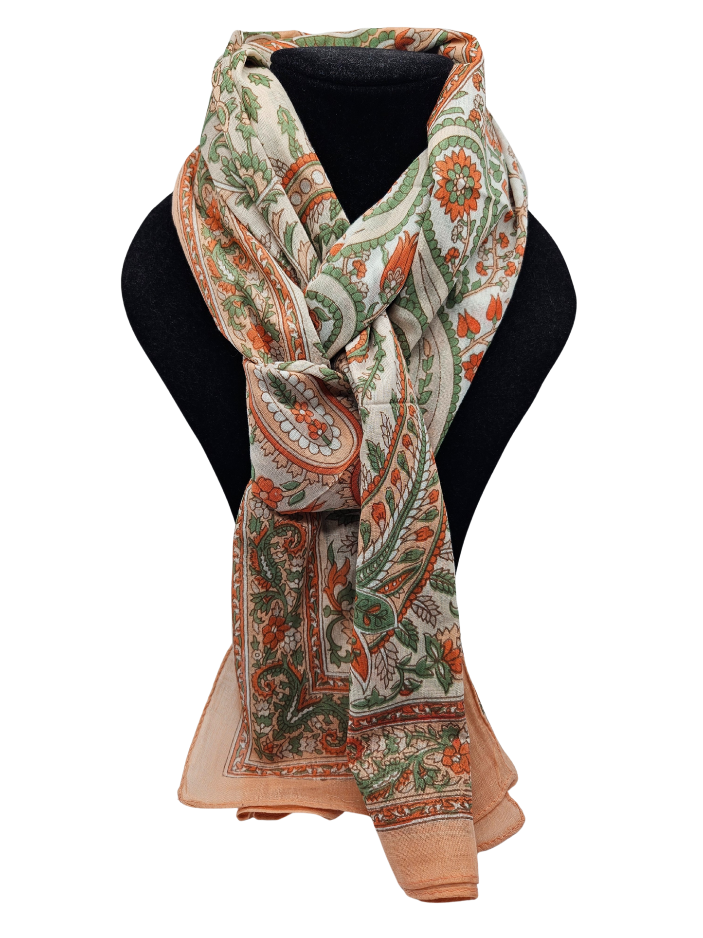 Mascada de algodón estampada. Durazno y blanco