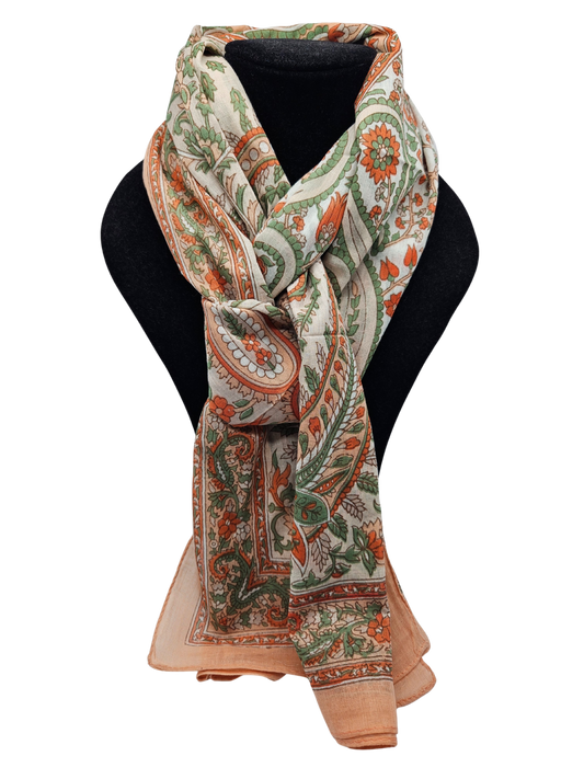 Mascada de algodón estampada. Durazno y blanco