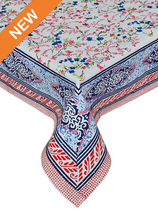 Mantel cuadrado 100% algodón estampado a mano: Bikaner flower. Nuevo
