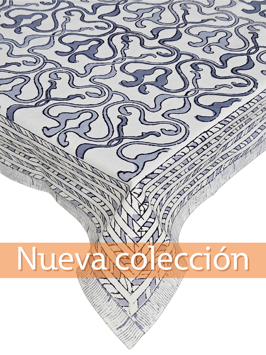 Mantel rectangular 100% algodón estampado a mano. Grecas gris