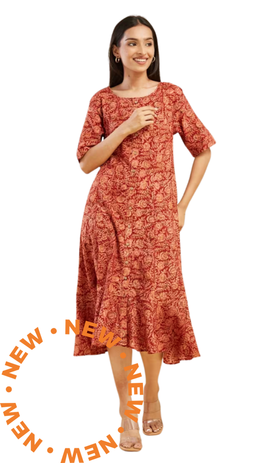 Vestido kalamkari. Rojo vivo PREVENTA