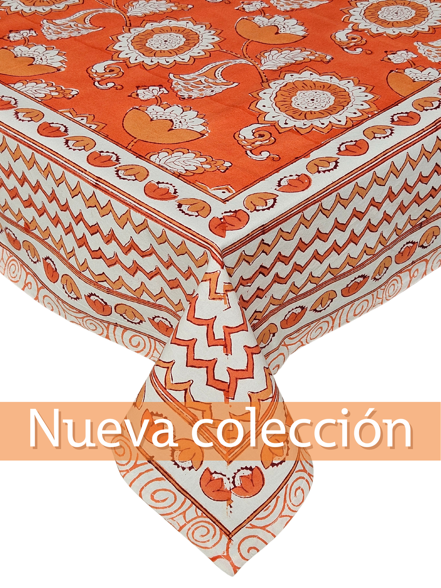 Mantel cuadrado 100% algodón estampado a mano. NIna naranja