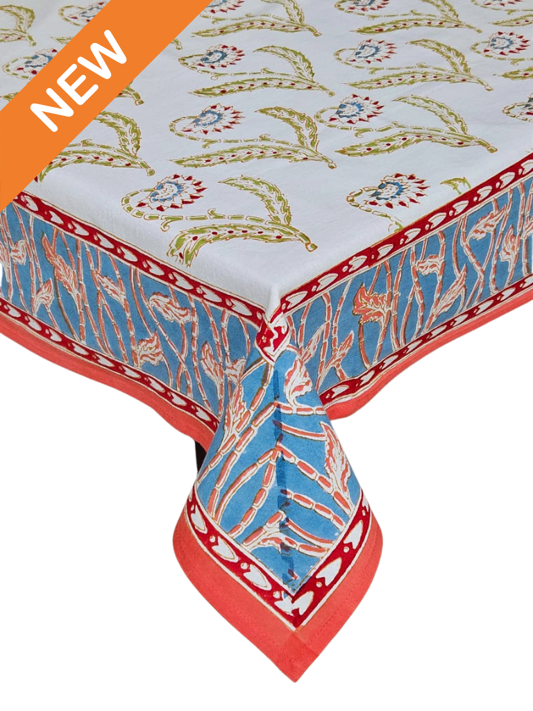 Mantel rectangular 100% algodón estampado a mano. Jenny Jaal WH. Nuevo