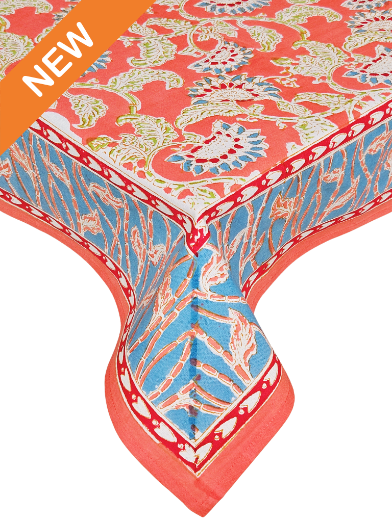 Mantel rectangular 100% algodón estampado a mano. Jenny Jaal CO. Nuevo