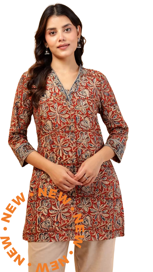 Kurta short kalamkari. Marrón. Slim Fit PREVENTA