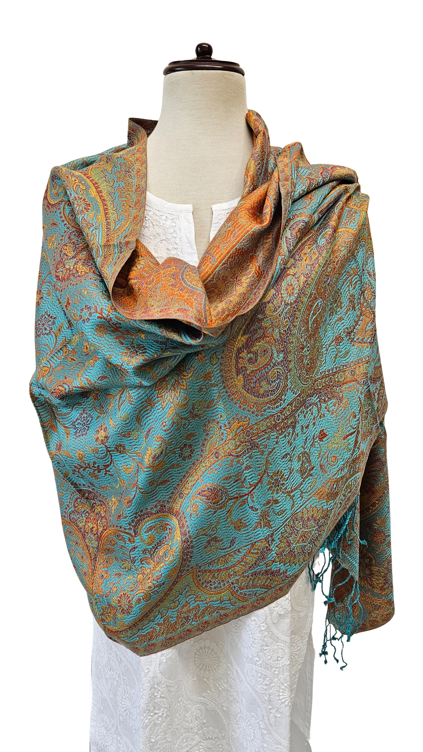 Chal de seda. Turquesa / tangerina