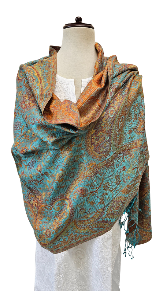 Chal de seda. Turquesa / tangerina