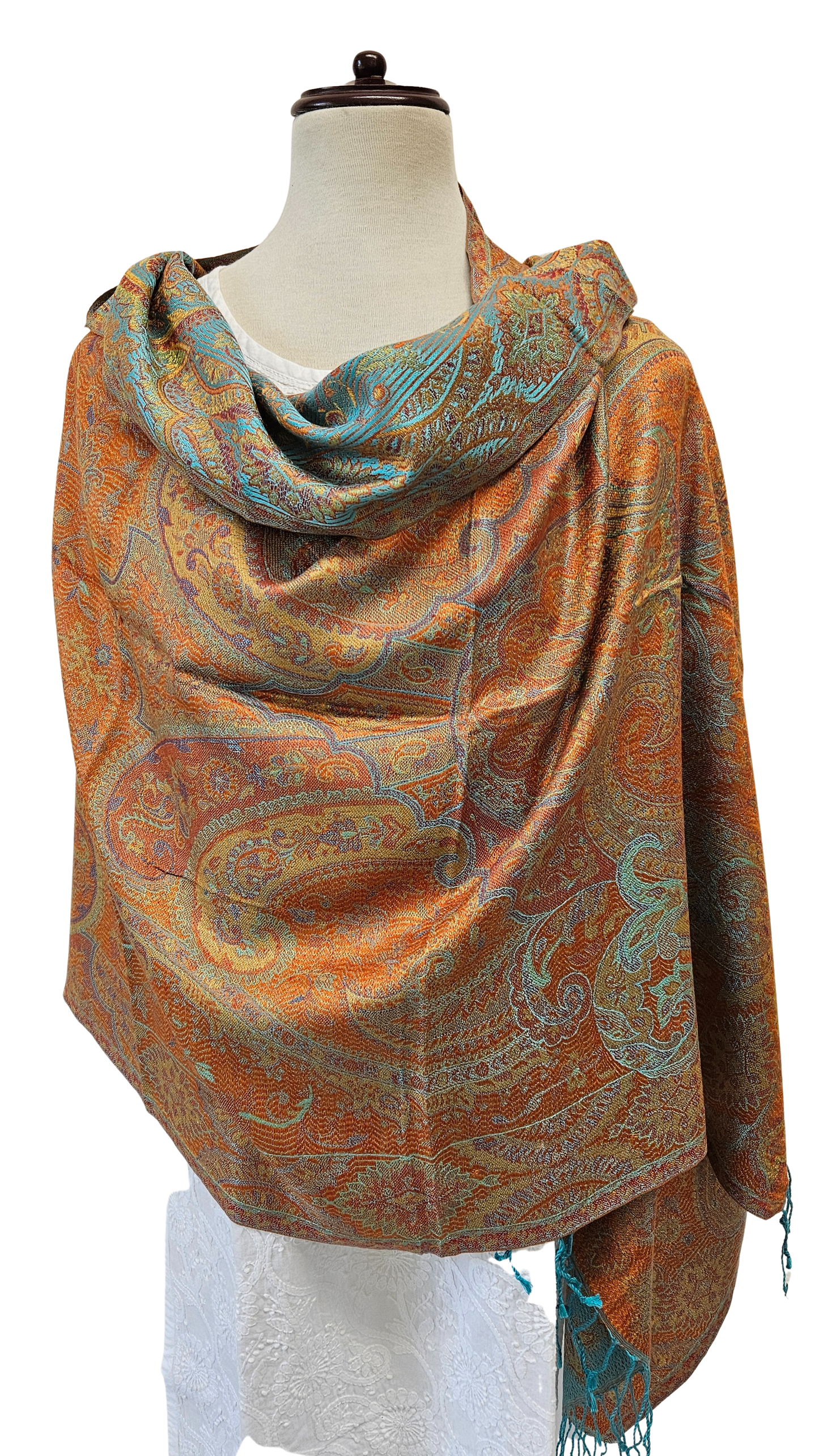 Chal de seda. Turquesa / tangerina