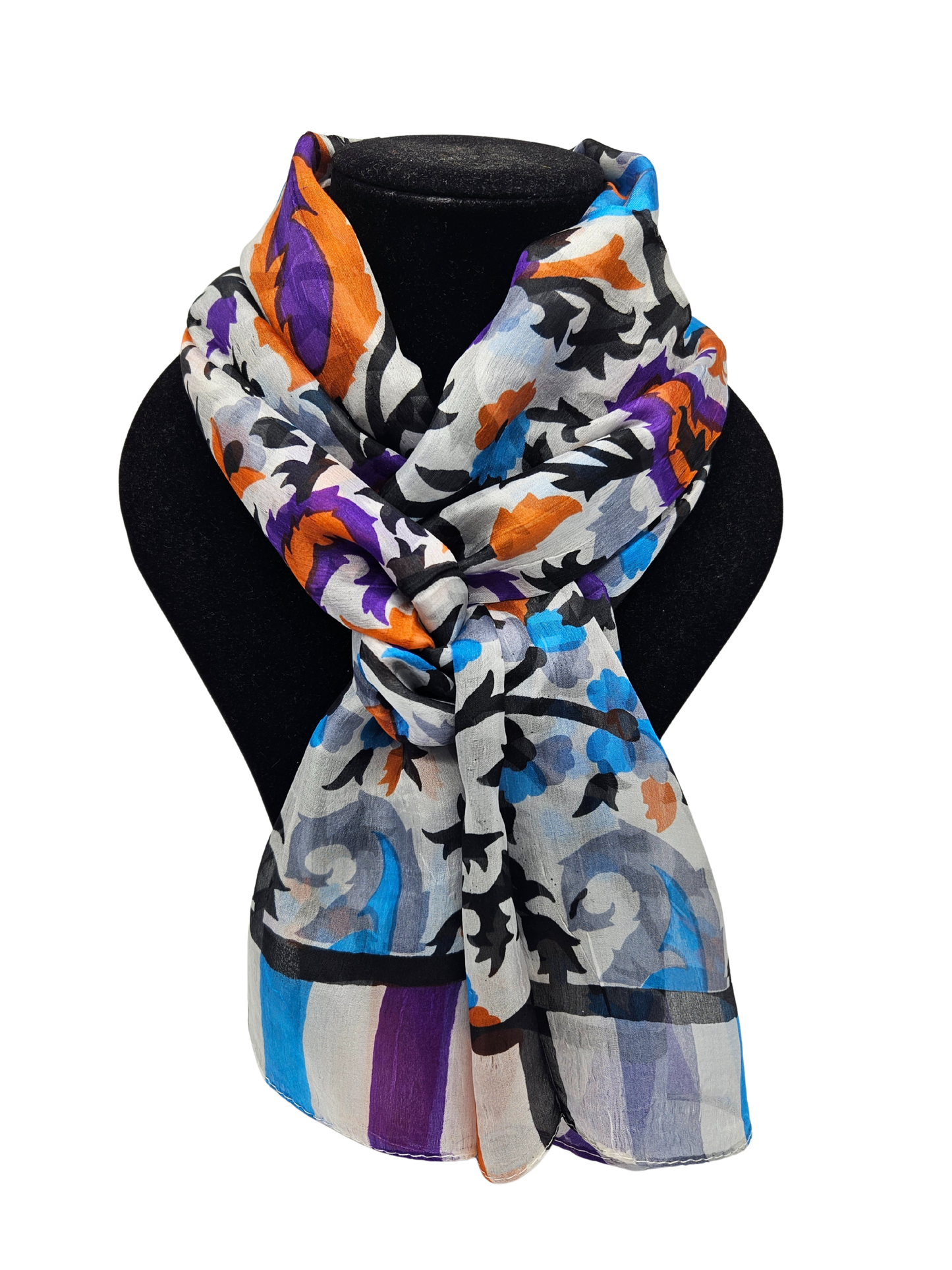 Mascada de seda estampada. Naranja y morado