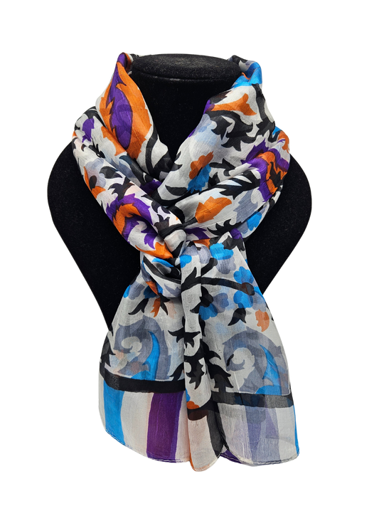 Mascada de seda estampada. Naranja y morado