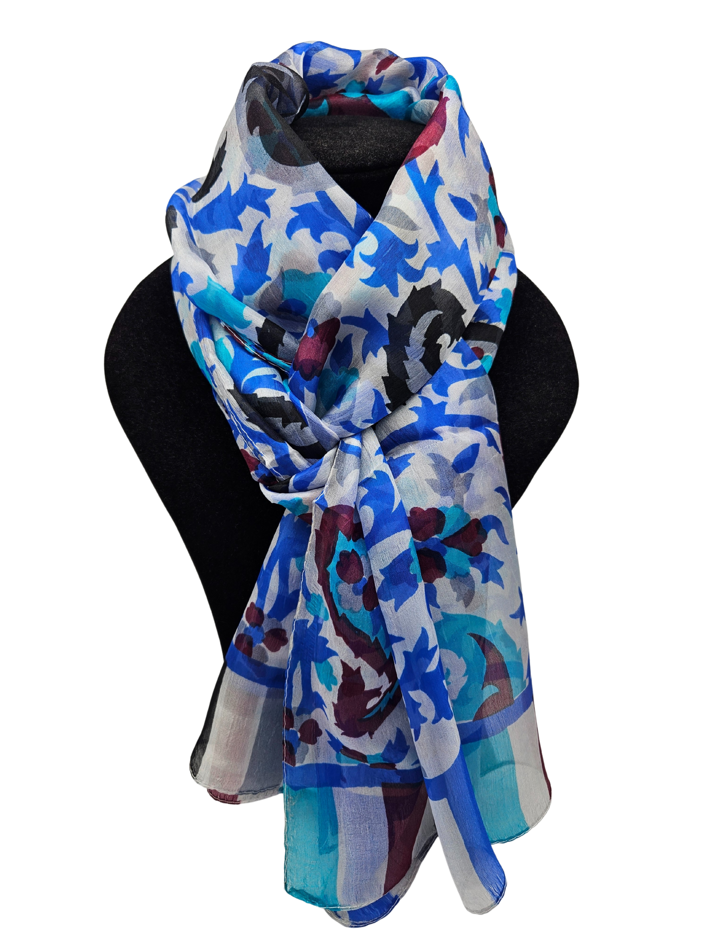 Mascada de seda estampada. Azul fondo blanco