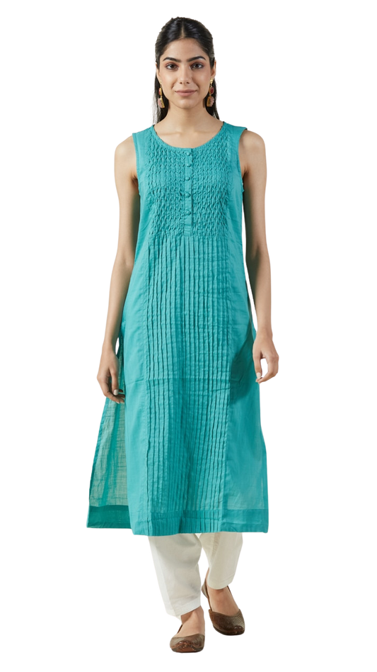 Kurta larga con pliegues. Turquesa