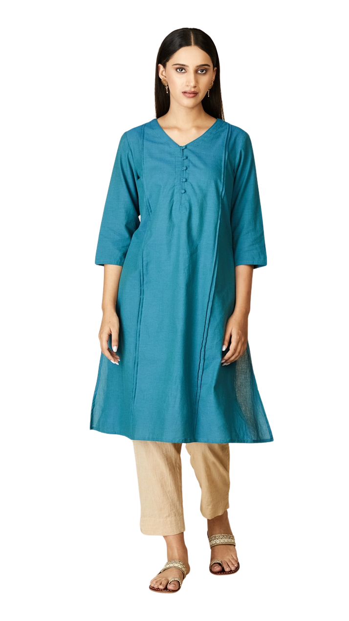 Kurta larga con pliegues laterales. Azul