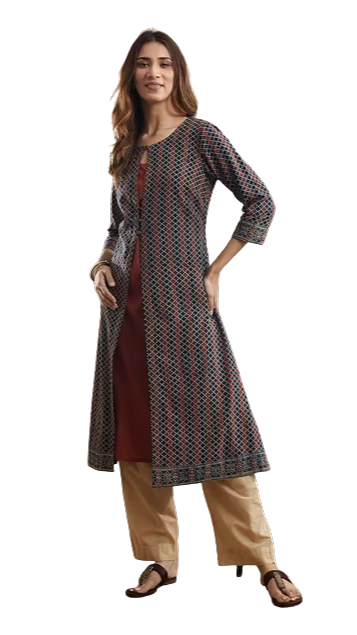 Kurta larga (set) estampada. Slim Fit marrón. Nueva