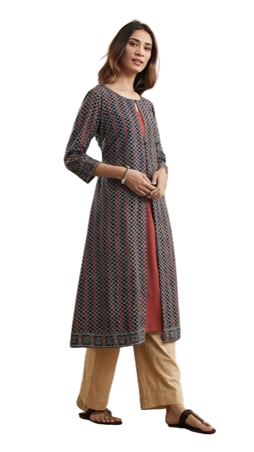Kurta larga (set) estampada. Slim Fit marrón. Nueva