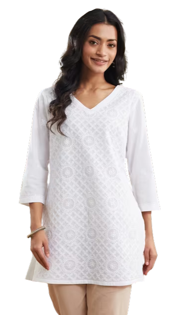 Kurta corta. Bordada en chikankari. Slim Fit Blanca. Nueva