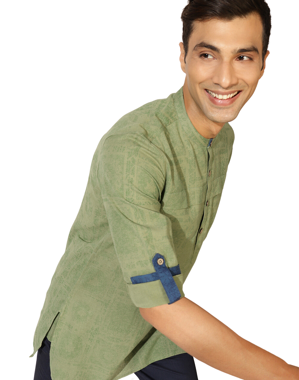 Kurta para hombre. Verde con textura. Manga larga