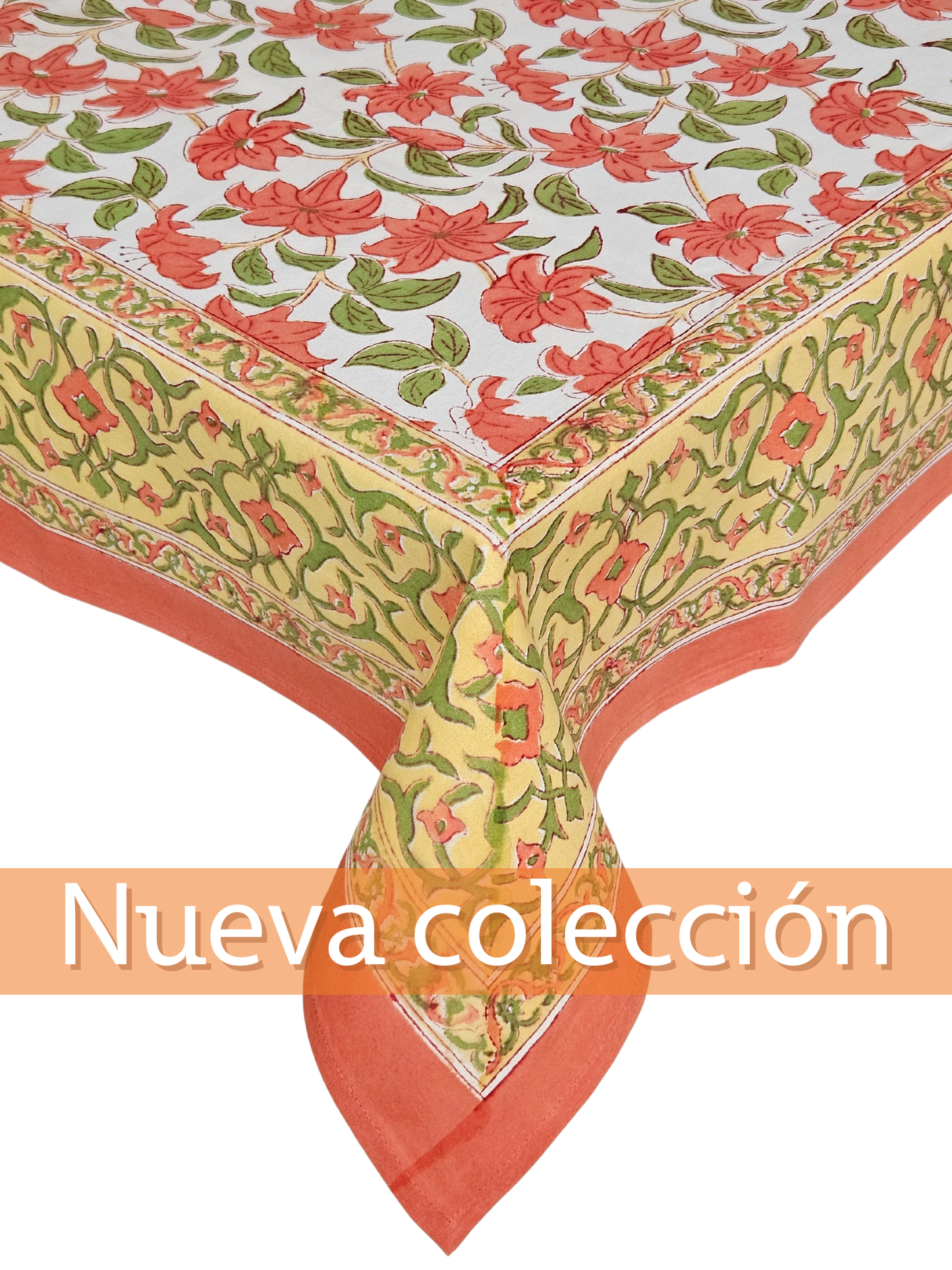 Mantel rectangular 100% algodón estampado a mano. Lili durazno