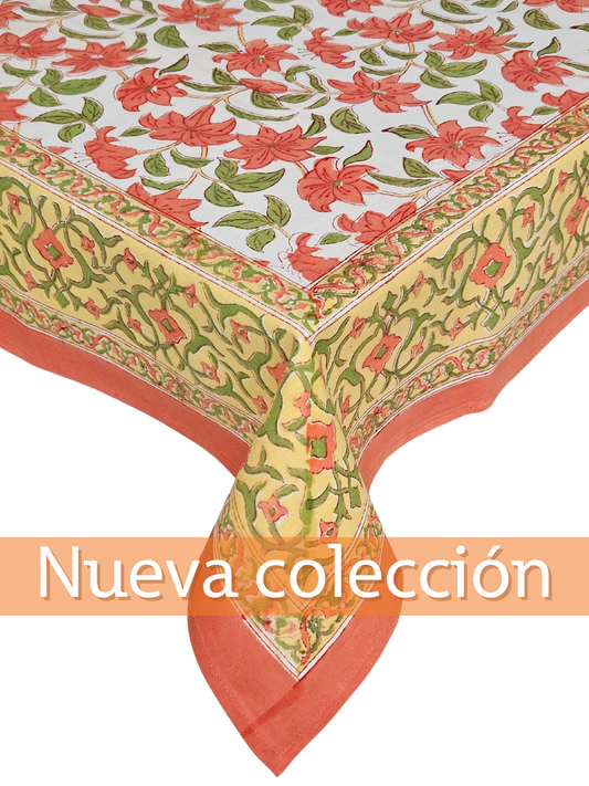 Mantel rectangular 100% algodón estampado a mano. Lili durazno