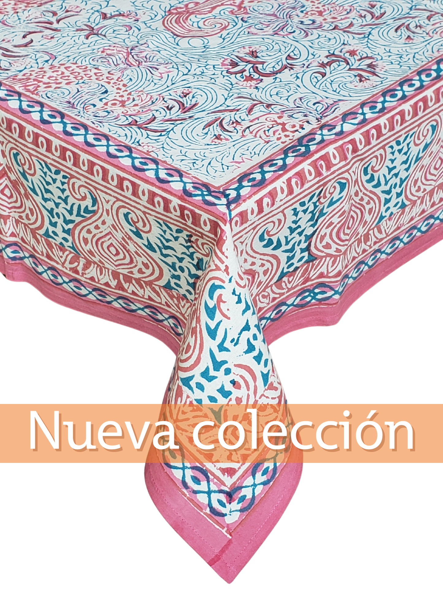 Mantel rectangular 100% algodón estampado a mano. Blanco borde rosa