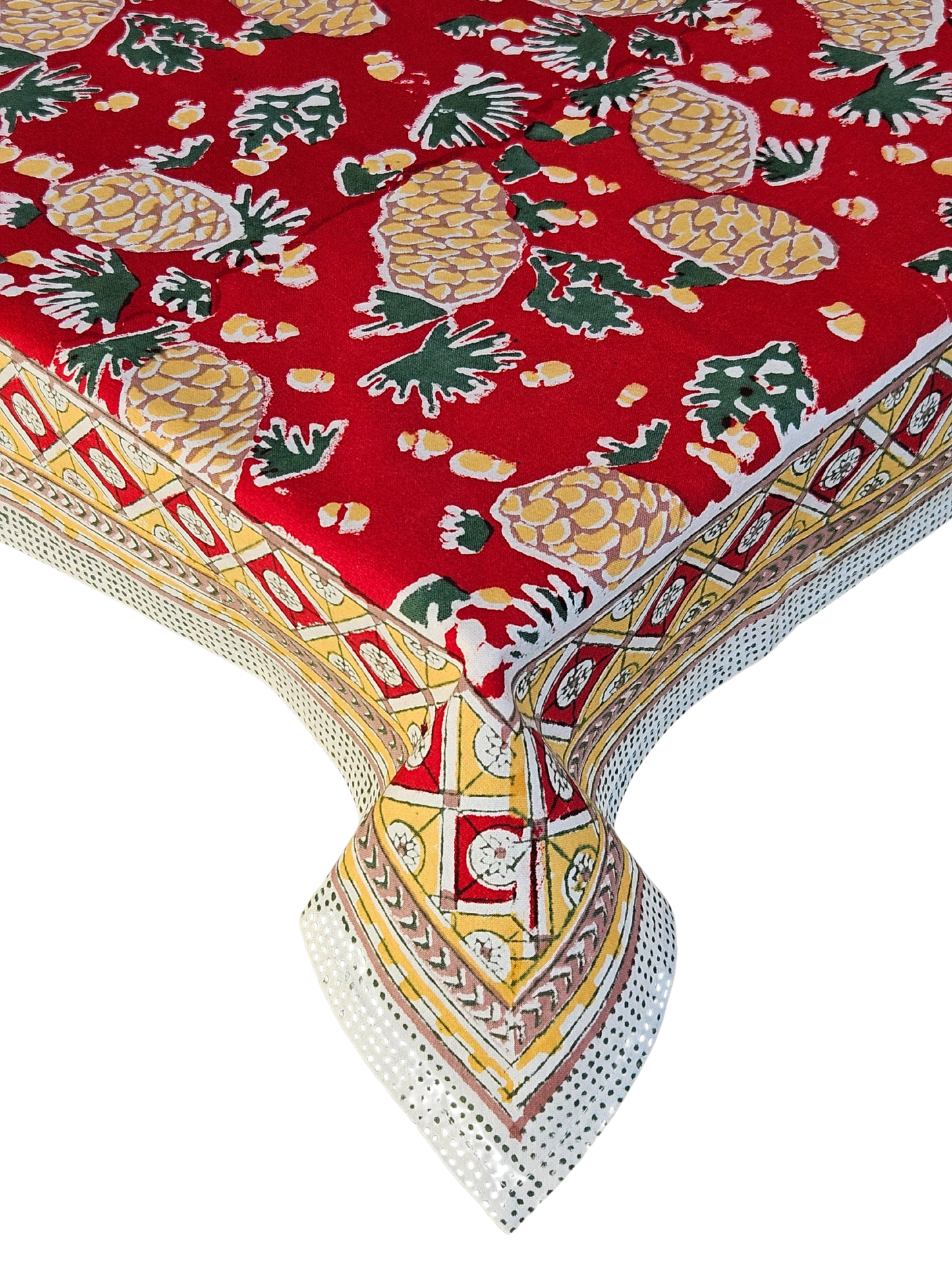 Mantel cuadrado 100% algodón estampado a mano. Piñas en rojo