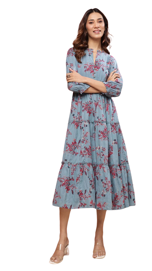 Vestido Boho estampado con manga. Azul
