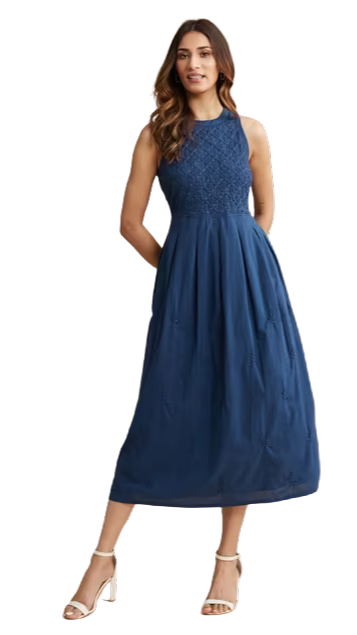 Vestido sin mangas bordado. Azul marino. Nuevo