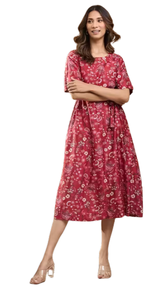 Vestido midi de algodón y seda. Rojo. Nuevo
