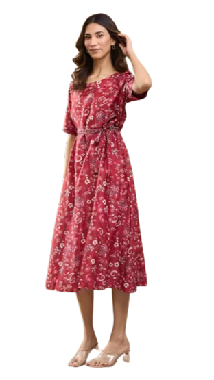 Vestido midi de algodón y seda. Rojo. Nuevo