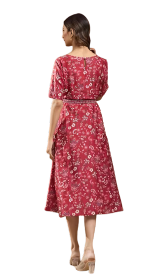 Vestido midi de algodón y seda. Rojo. Nuevo